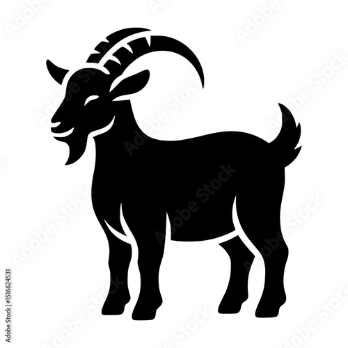 A stylized black silhouette of a goat, showcasing its distinctive horns and beard