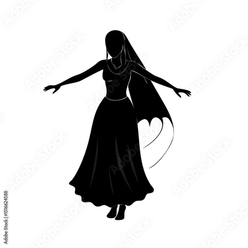 Black Gothic Dancer with Veil Vector Icon – Flowing Dress Silhouette for Dark Fantasy
