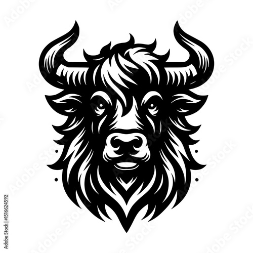 Yak head, black and white, line art, monochrome, animal head, bull, cow, wild cattle, tibetan yak, powerful, strong, majestic, fierce, graphic design element, vector illustration, logo, emblem.