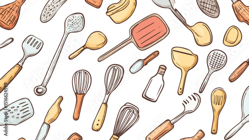 Professional Cooking Utensils Doodle Seamless Pattern Vector Design