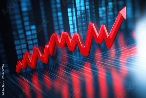 Red upward arrow indicating financial growth on a digital graph background with blurred city skyline, representing success and investment opportunities in modern economy