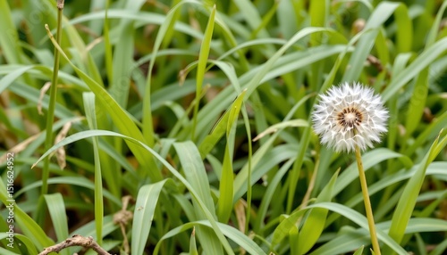 a dandelion in a field with tall green grass. the focus is on the dandelion, which is slightly out of focus but still clearly visible against the softer focused background