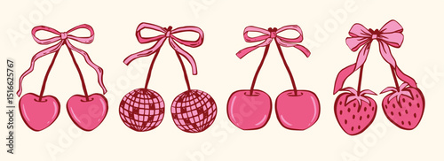 Coquette cherry, strawberry, heart with bow. A charming collection of doodle line art featuring romantic berries and sweet symbols, perfect for Valentine's Day designs, greeting cards