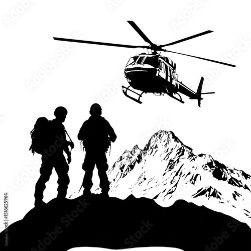 Mountain Rescue Silhouette: Two silhouetted figures stand atop a mountain peak, gazing up at a rescue helicopter overhead.