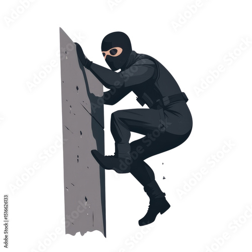 Ninja Ascent: A determined ninja in stealth mode, scaling a rugged wall with calculated precision, embodying the spirit of adventure and the thrill of urban exploration.