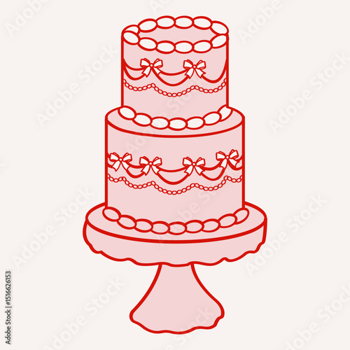 Hand drawn vintage cake illustrations. Wedding cake with cherry toppings and frosting layers. Vector flat doodle design for Valentines day, wedding invitation, birthday card.