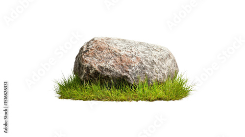 Large Grey Boulder Resting on a Patch of Green Grass, Isolated on Transparent Background