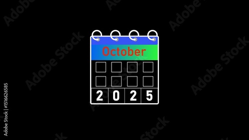 Glowing calendar 2025 year October month. on a black background. 4k illustration.