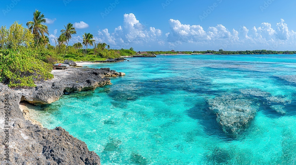 Tropical Beach Paradise Turquoise Water, Palm Trees, and Rocky Shore Tropical Beach Paradise Turquoise Water, Palm Trees, and Rocky Shore