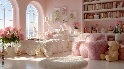 Girl bedroom with bed, toys, table and wardrobe. Empty kids room interior with pictures on wall, books on shelf, carpet and little table with tea-set, vector illustration in contemporary style