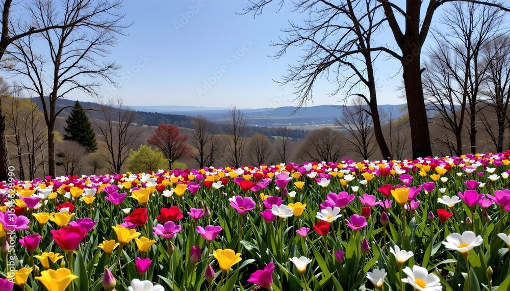 Fototapeta premium a vibrant field of flowers, with a clear blue sky overhead and trees lining the landscape. the field is carpeted in rows of tulips, showcasing an array of colors including pink, yellow, and white