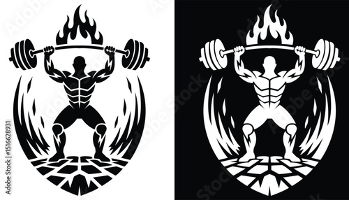 Bodybuilder lifting weights with flames, strong fitness vector emblem in silhouette