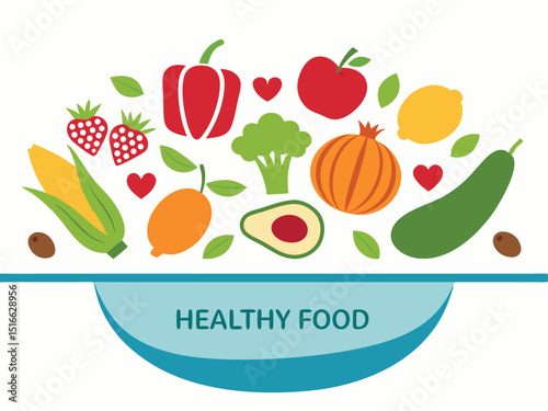 Vibrant Healthy Food Illustration Colorful Fruits, Vegetables, and Hearts Promoting Wellness and Nutrition in a Bowl Vector Illustration