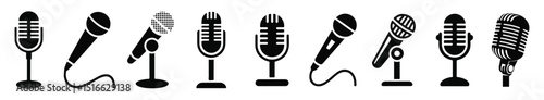Microphone Icon Set Vector – Audio, Podcast, Voice Recording, and Music Studio Symbols. Transparent background