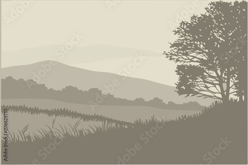 Serene Misty Landscape Silhouette of Hills and Trees