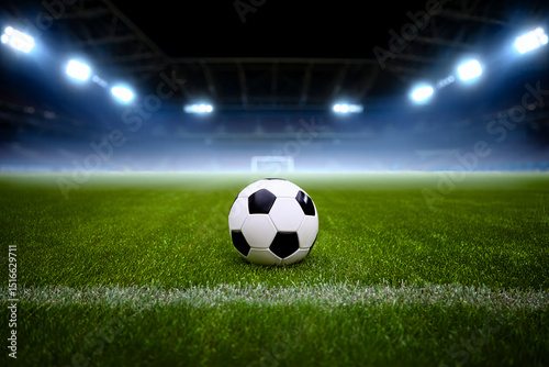 Soccer ball on green grass field in stadium for sports and recreation game