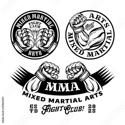 Set of MMA logo badge in style vintage. Mixed Martial Arts Gloves logo badge illustration.