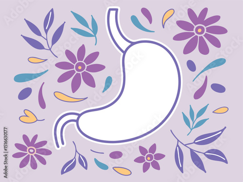 Healthy Stomach Wellness Illustration with Floral Accents on Lilac Background, Organ Anatomy, Digestion Health, Botanical Design, Conceptual Art Vector Illustration