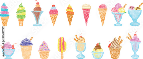 Cute Hand Drawn Ice Cream and Popsicle Set. Crayon Scribble Style with Chalk Texture, Pastel Color Vector Illustration for Kids