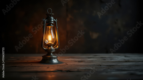 Lantern on a table with religious symbolism.