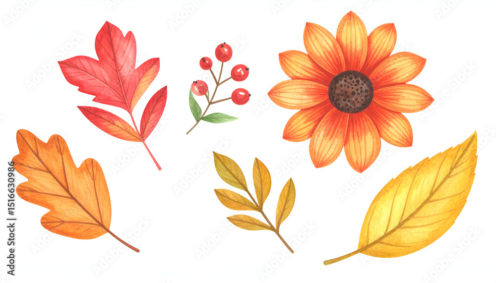 Obraz premium illustration of autumn flower, watercolor autumn flower isolated on white, watercolor flower 