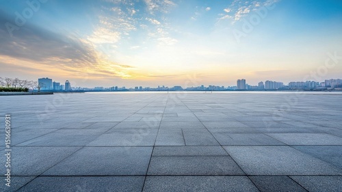 Cityscape at Sunset Over Empty Plaza.