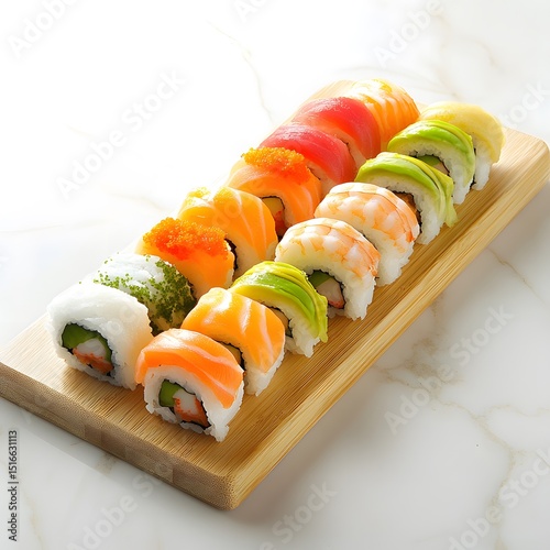 Colorful Assortment of Fresh Sushi Rolls Presented on Rustic Wooden Platter, sushi with salmon