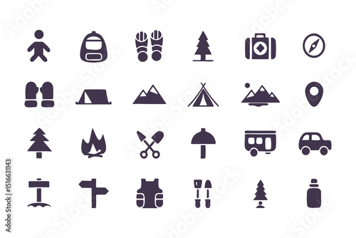Camping and hiking icon set. flat adventure and outdoor travel symbols including tent, compass, backpack, campfire, map pin, and more. vector illustration