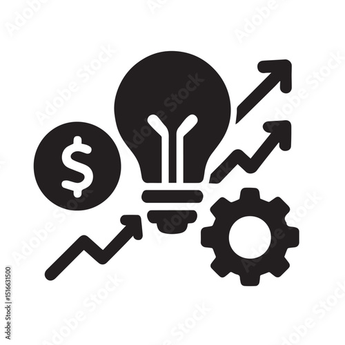 Idea Generation and Financial Growth: A conceptual illustration of a lightbulb paired with upward-trending arrows and gear symbol represents concept idea generation, financial growth.