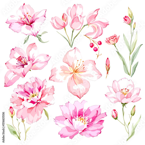  Set of watercolor pink flowers on white background, Set watercolor Flowers Clipart