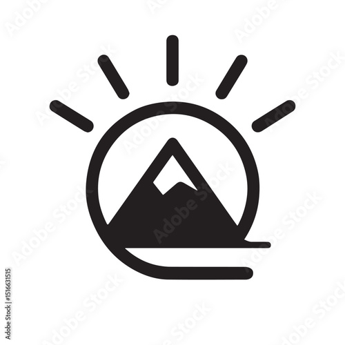 Mountain Icon Symbol: A stylized black and white logo featuring a majestic mountain peak rising towards the sun, evoking feelings of ambition, adventure, and new beginnings.