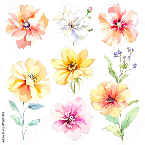  Set of watercolor flowers on white background, wildflower clipart vector for graphic resources