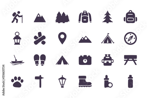 Camping and hiking icon set. flat adventure and outdoor travel symbols including tent, compass, backpack, campfire, map pin, and more. vector illustration