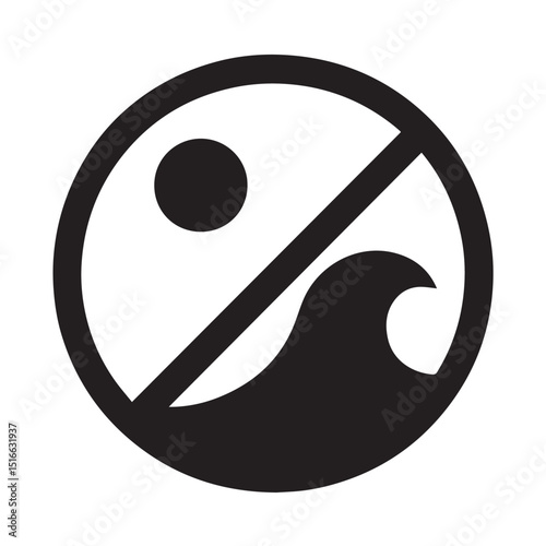 Restricted Ocean Activity Icon: Graphic icon displaying a prohibition on ocean activity featuring stylized wave and sun enclosed in a crossed-out circle.