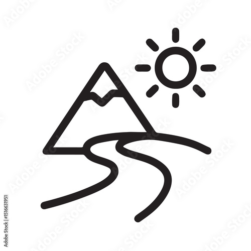 Mountain trail icon: Scenic mountain and road icon with a radiant sun, perfect for outdoor adventure branding and route finding apps