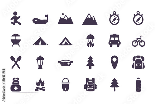Camping and hiking icon set. flat adventure and outdoor travel symbols including tent, compass, backpack, campfire, map pin, and more. vector illustration