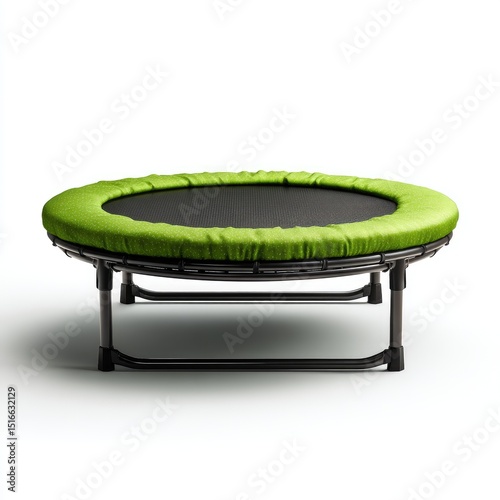 Compact, round mini-trampoline with vibrant green padding