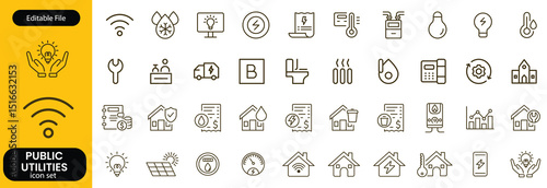 Public utilities web icons line set. Public Utilities Water, Fuel, Electricity, gas, garage, Solar House, Rent receipt, Maintainence, and More vector illustration