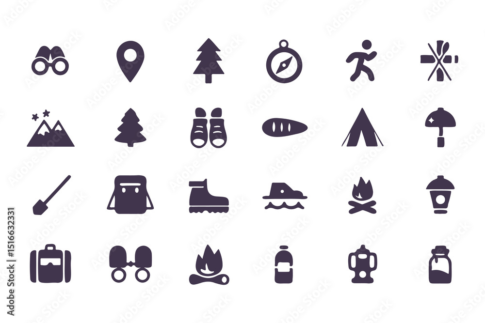 Camping and hiking icon set. flat adventure and outdoor travel symbols including tent, compass, backpack, campfire, map pin, and more. vector illustration Camping and hiking icon set. flat adventure and outdoor travel symbols including tent, compass, backpack, campfire, map pin, and more. vector illustration