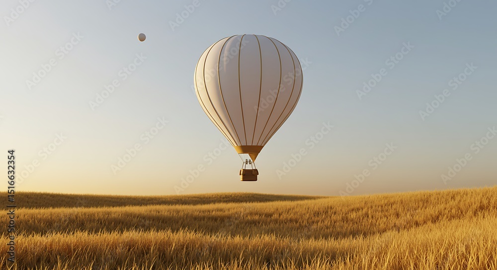Obraz premium A white hot air balloon floats over a golden field.