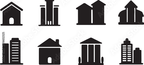 Set of silhouette icons related to apartment, flat, home, architecture, property, building, residential, silhouette vector icon set on white background.
