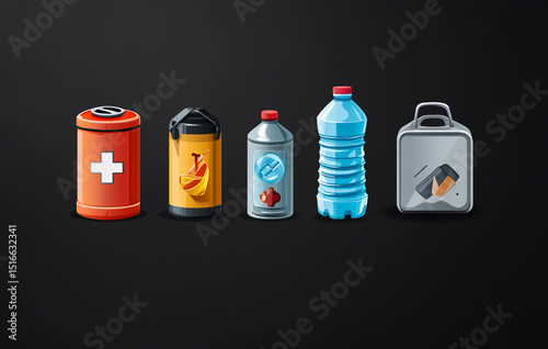 A series of icons representing emergency supplies such as flashlights, water bottles, and first aid kits with effects in the background