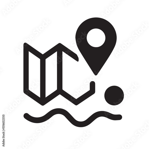 Map Location Icon: A folded map icon with a location pin on it, signifying travel, direction, and discovery. It's placed above wavy lines that symbolize water or terrain, suggesting a journey.