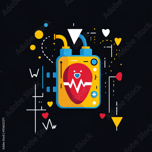 Flat vector icon of the cartoon defibrillator, against a black background