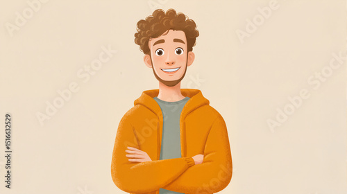Cartoon Character with Curly Hair, Arms Crossed, Smiling in Casual Hoodie