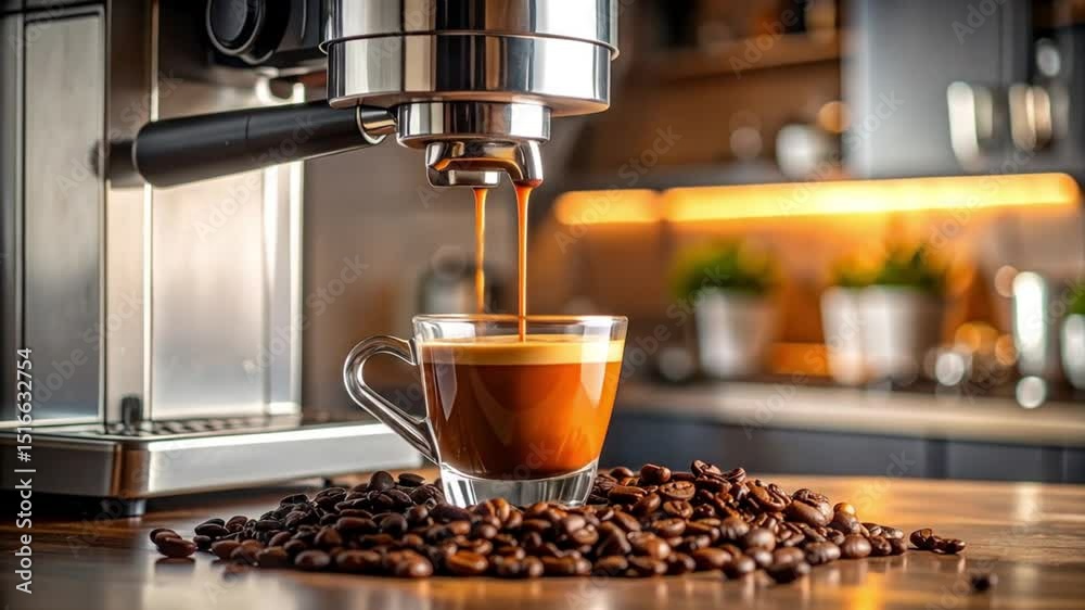 The image captures the art of coffee-making, the warm glow of the espresso machine and a cup filling up with fresh, rich coffee, capturing the essence of a moment.