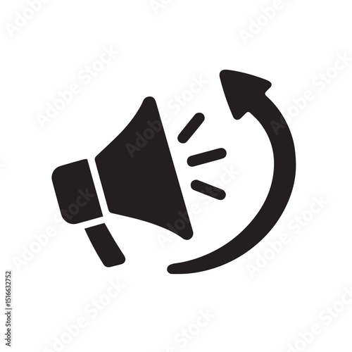 Megaphone Communication Symbol: Bold black megaphone illustration with an arrow, symbolizing information flow, announcement, and the continuous cycle of sharing and impact. 
