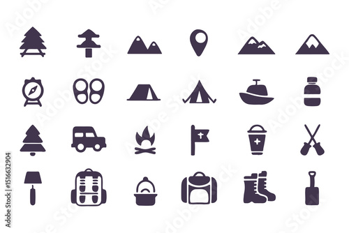 Camping and hiking icon set. flat adventure and outdoor travel symbols including tent, compass, backpack, campfire, map pin, and more. vector illustration