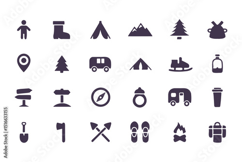 Camping and hiking icon set. flat adventure and outdoor travel symbols including tent, compass, backpack, campfire, map pin, and more. vector illustration