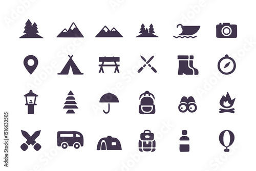 Camping and hiking icon set. flat adventure and outdoor travel symbols including tent, compass, backpack, campfire, map pin, and more. vector illustration